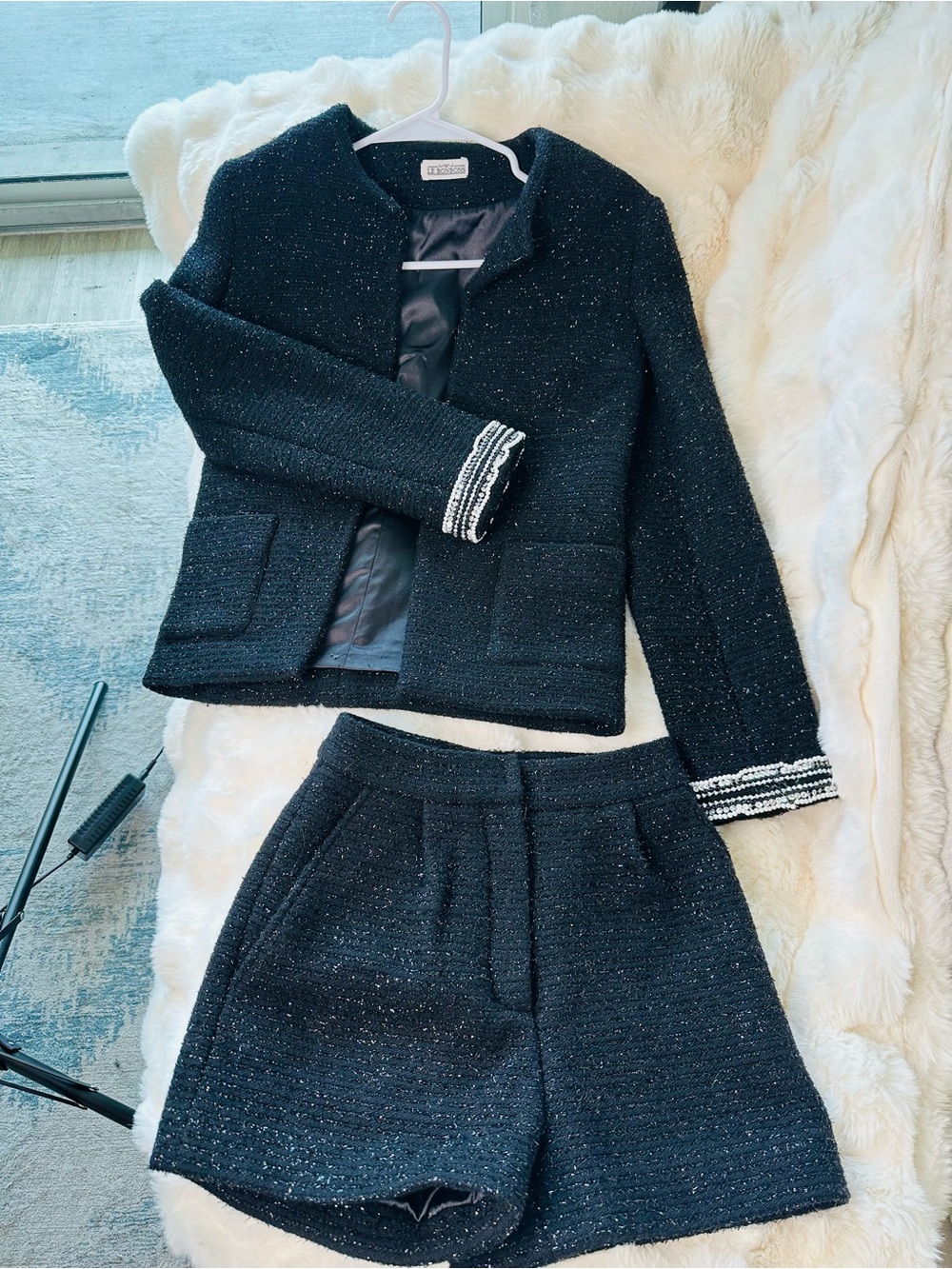 Black Tweed Jacket & Shorts Set with Beaded Cuffs size XXS European Brand